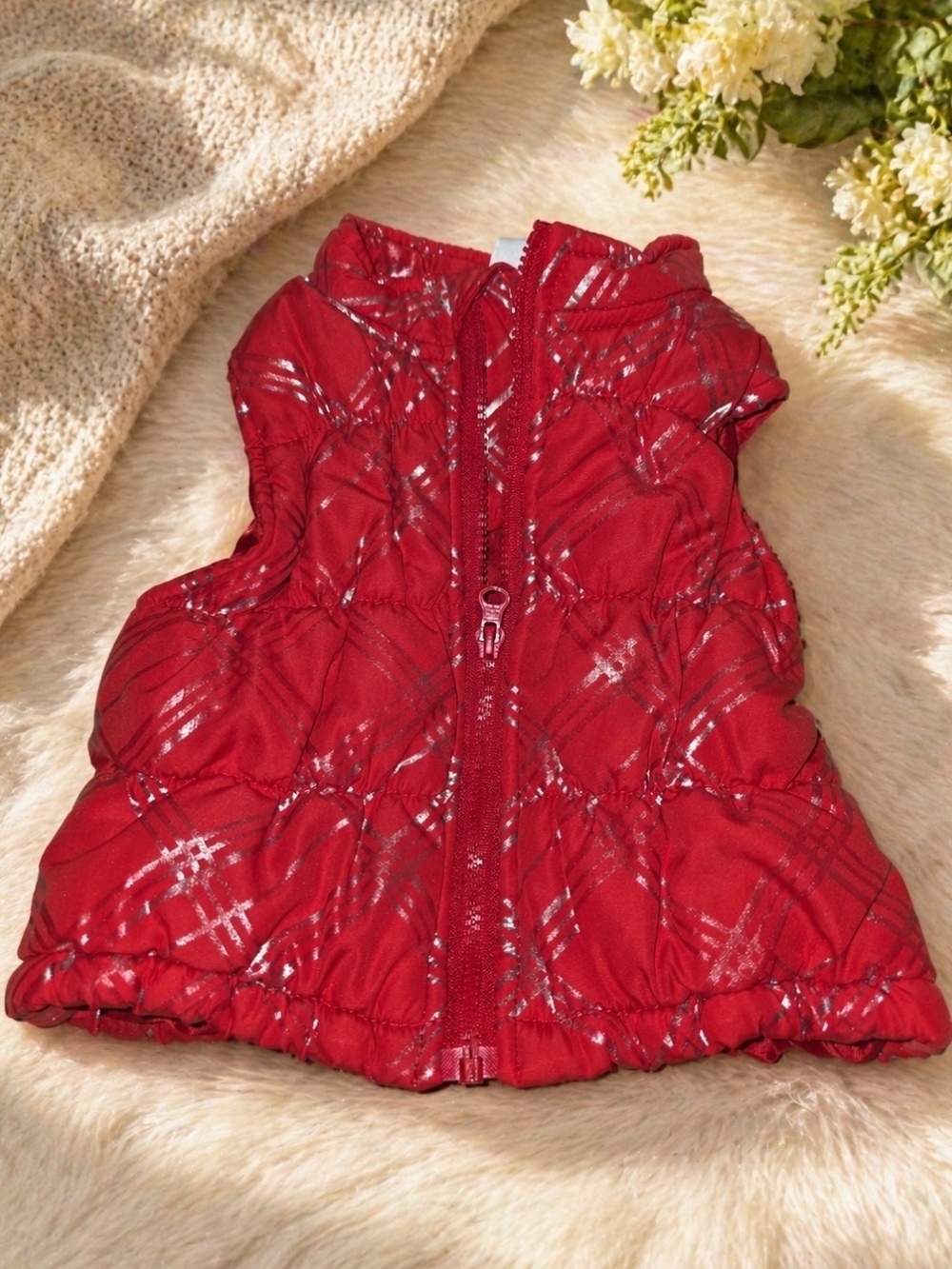 healthtex Red Quilted Vest with Silver Plaid Highlights